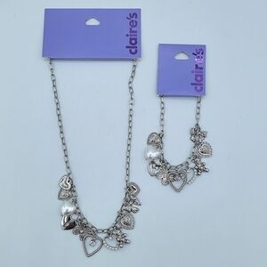 Claire's Silver Charm Necklace & Bracelet Set NEW #0005